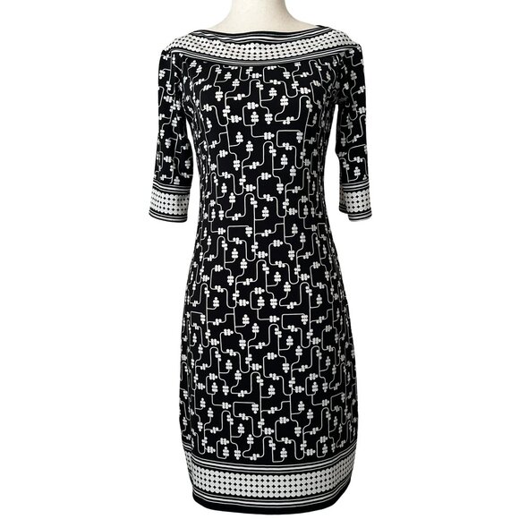 Max Studio Soft Midi Sheath Dress with 3/4 Length Sleeves - XS - Black, White - Picture 2 of 8